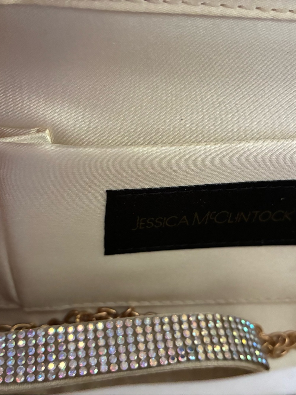 Jessica McClintock Iridescent Crystal Strap Evening Clutch in Champagne - Picture 4 of 6